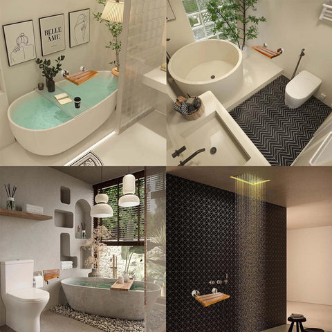 Modern bathroom designs with 20 Inch Folding Teak Shower Bench Wall Mounted Seat For Seniors And Adults with Brushed Nickel Cover