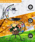 Vintage Solar Bird Bath With Flower Planter Pedestal Outdoor Metal Bird Bath For Garden Yard Patio Lawn Decor shown in dynamic weather conditions.