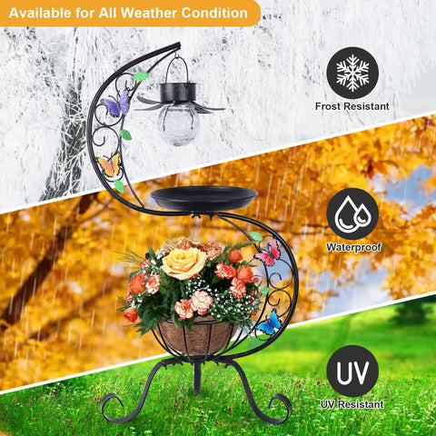 Vintage Solar Bird Bath With Flower Planter Pedestal Outdoor Metal Bird Bath For Garden Yard Patio Lawn Decor shown in dynamic weather conditions.