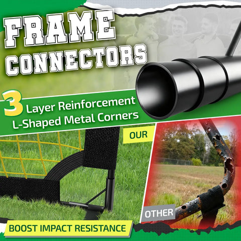 Portable Soccer Goal Set frame connectors detail, showing 3-layer reinforcement, L-shaped metal corners, boosting impact resistance.