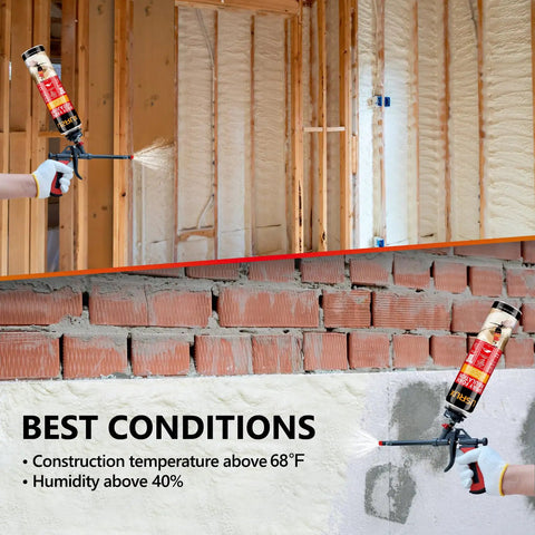 Using the DIY Spray Foam Insulation Kit With 24 Pack 25 Ounce Cans Covers Up To 480 Sq Ft Closed Cell Foam on walls and bricks.