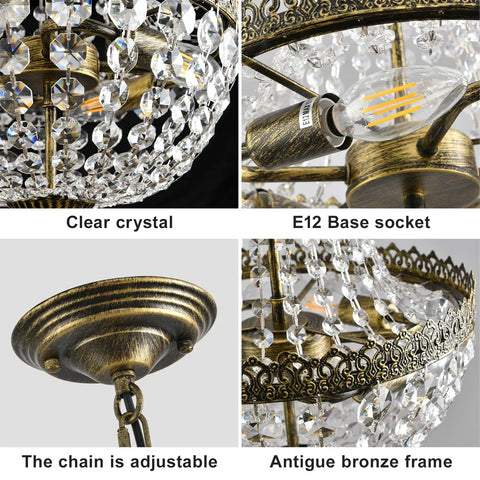 4 Light French Empire Mini Crystal Chandelier With Antique Brass Finish details including clear crystals and E12 socket