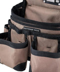 Triple Bag Tool Bag Set With Suspenders, Heavy Duty 1680D Poly, Tan And Black, LoadBear Stretch Suspension, barrel bottom pouches close-up