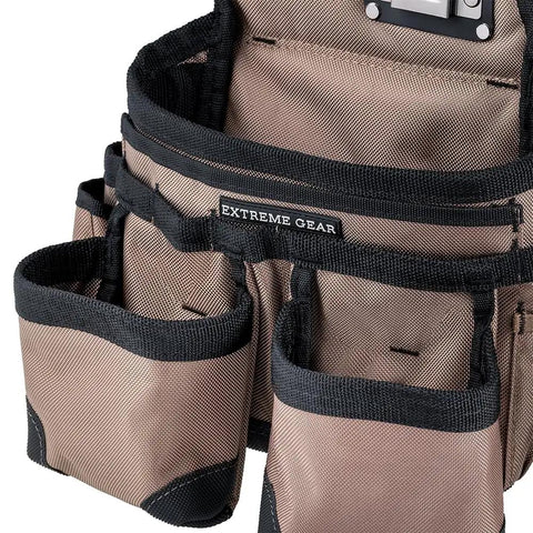 Triple Bag Tool Bag Set With Suspenders, Heavy Duty 1680D Poly, Tan And Black, LoadBear Stretch Suspension, barrel bottom pouches close-up