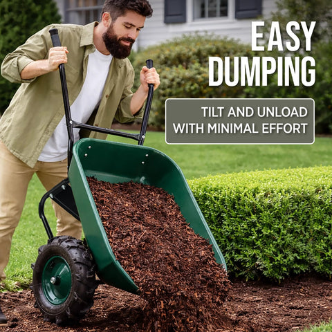 Man using Heavy Duty Dual Wheel Wheelbarrow Garden Cart With 500 Pound Capacity Extra Large Wheels And Built In Stand on grass