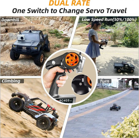 Dual rate feature of 5 Channel RC Transmitter With Gyro Receiver R6FG 2.4GHz for cars and tanks in various terrains, customizable for RC vehicles.