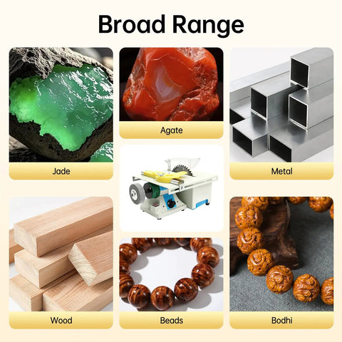 Diagram showcasing materials for 750W DIY Jewelry Lapidary Saw And Polisher Kit, with jade, agate, metal, wood, and beads.