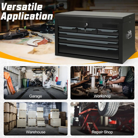 Large Metal Tool Box With Six Drawers And Top Tray, Heavy Duty Steel Chest With Auto Locking Drawers And Side Handles