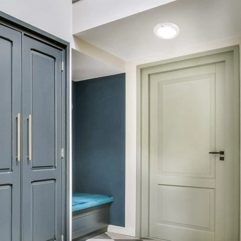 Motion Sensor Ceiling Light Fixture With 600 Lumens LED And 3000K Warm White For Indoor Use Dome Light Ideal For Closet Hallway And Kitchen Pantry Lighting No Fuss Install illuminated above door in hallway.