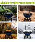 Built Tough Heavy Duty 600D Waterproof Broadcast Spreader Cover seen in rain, dry, autumn leaves, and snow scenarios showcasing versatility.