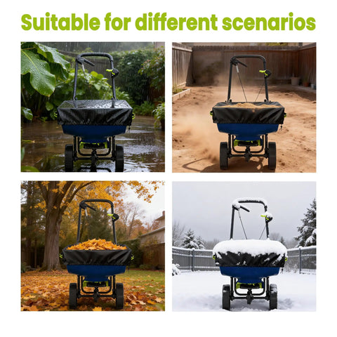 Built Tough Heavy Duty 600D Waterproof Broadcast Spreader Cover seen in rain, dry, autumn leaves, and snow scenarios showcasing versatility.