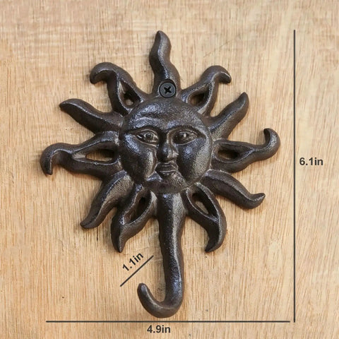 Heavy Duty Cast Iron Coat Hooks Set Of Two Vintage Sunburst Wall Mounts With Installation Screws showing detailed sunburst design, 6.1in size.