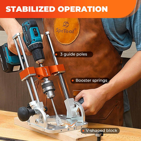Portable Drill Guide With One Half Inch Chuck And Liner Ball Bearings, Adjustable 0 To 60 Degree Multi Angle Drill Guide in use