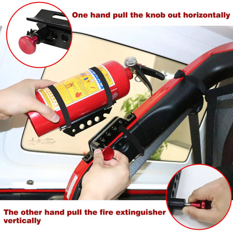 Adjustable Roll Bar Fire Extinguisher Mount Holder for Jeep Wrangler TJ JK JL JKU and UTV Polaris RZR Ranger Camper Van Aluminum Quick Release Supports 1 To 10 Lb Extinguishers Premium 6061T6 Anodized in use on a roll bar