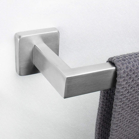 Close-up of brushed nickel towel bar end mounted on wall with towel, displaying Rust Proof Stainless Steel Towel Bar 24 Inch design.