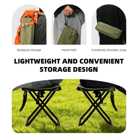 Extra Tall Portable Folding Stool for Adults with 16 Inch Carry Bag; shown in backpack, handheld, and crossbody storage modes.