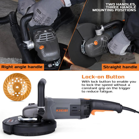 Beast Heavy Duty 7 Inch Concrete Grinder Kit With Dust Extraction Shroud And 2400W 15A Motor Delivers 6000 RPM For Fast Smooth Grinding Includes Diamond Cup Wheel 9 Inch Guard Carrying Bag And Auxiliary Handles front view showing handles