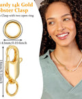 Gold Lobster Claw Clasps 12mm Set of 10 for Jewelry Making 14K gold copper closures shown with dimensions next to a model wearing jewelry.