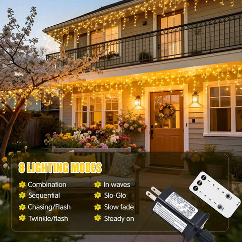 Warm White Icicle Christmas Lights Outdoor Indoor 400 LED With 80 Drops About 48Ft Copper Wire on house exterior