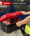 Person opening Grab And Go Lockout Tagout Kit With 39 Pack OSHA Compliant Locks And Red Double Decker Toolbox For Industrial Electrical Breakers And Valves To Keep Startups From Accidents