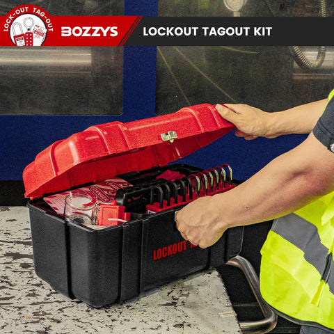 Person opening Grab And Go Lockout Tagout Kit With 39 Pack OSHA Compliant Locks And Red Double Decker Toolbox For Industrial Electrical Breakers And Valves To Keep Startups From Accidents