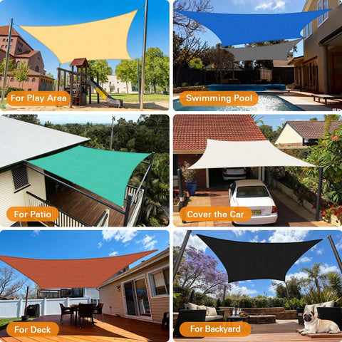 Collage of various color shade sails over play area, swimming pool, patio, car, deck, and backyard.