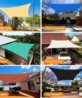 Collage of rectangle sun shade sail canopy in various colors for outdoor patio and pergola; scenes show play area, pool, and more