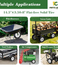 Flat Free 14.5 Inch Wheelbarrow Tire And Wheel Set 3.50-8 Replacement displayed on multiple garden and lawn equipment