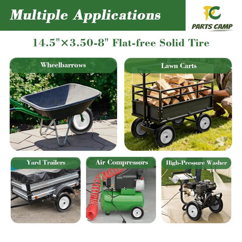 Flat Free 14.5 Inch Wheelbarrow Tire And Wheel Set 3.50-8 Replacement displayed on multiple garden and lawn equipment