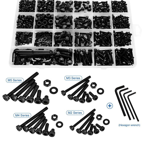 Complete 1060 Pieces Metric Hex Socket Head Cap Screw Bolt Nut Washer Assortment Kit Black 12.9 Grade Carbon Steel Fasteners M2 M3 M4 M5 Hardware Set Includes 4 Allen Wrench Tools For Pro Use in organized storage.