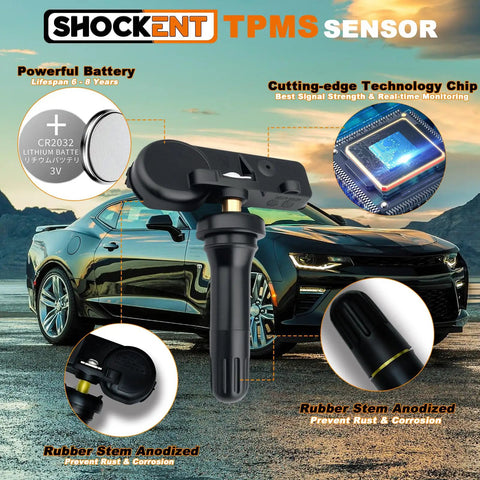 Upgrade Your Ride With This Bulletproof 315 Mhz TPMS Tire Pressure Sensor Set Of 4 Direct Fits Chevy Silverado 1500 Gmc Sierra Cruze Equinox Encore 2007 To 2022 with black anodized rubber stem.
