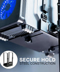 Built Tough Mobile Computer Cart With Smooth Glide Wheels And Adjustable Monitor Stand Engineered For Big Screens Up To Thirty Two Inches showing secure steel hold.