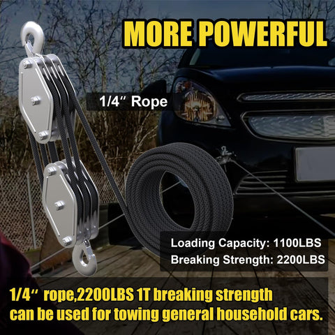 Heavy Duty Block And Tackle System With 2200 Lbs Breaking Strength Fifty Feet Of Three Eighths Inch Rope Five To One Lifting Power Pulley Hoist For Construction Warehouses Animal Husbandry And Farm Use Built Like A Boss Durable Black shown with car towing setup.