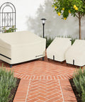 Beige heavy-duty waterproof outdoor sofa cover for patio 3-seater couch in garden setting, 600D polyester with UV guard.
