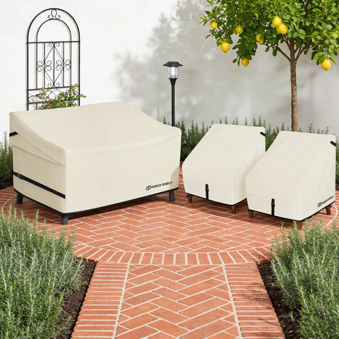 Beige heavy-duty waterproof outdoor sofa cover for patio 3-seater couch in garden setting, 600D polyester with UV guard.