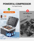 Heavy Duty 12V Car And Truck Refrigerator With A Hella Efficient Compressor 11 Qt Portable Electric Cooler Freezer in snow with cans.