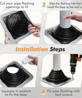 Installation steps for Heavy Duty EPDM Flexible Roof Vent Flashing Boots Kit Zero Hassle Seal for Pipes Quarter To Five Inches.