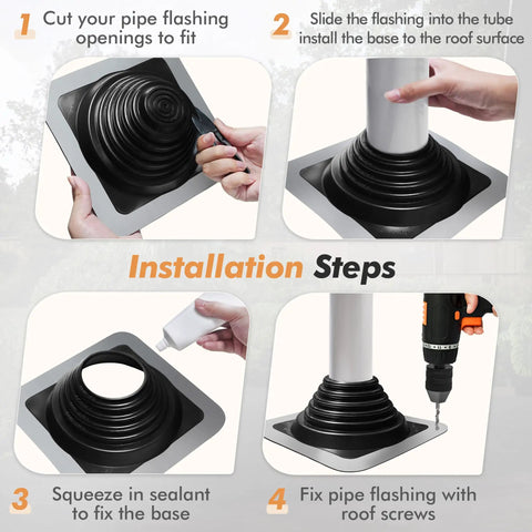 Installation steps for Heavy Duty EPDM Flexible Roof Vent Flashing Boots Kit Zero Hassle Seal for Pipes Quarter To Five Inches.