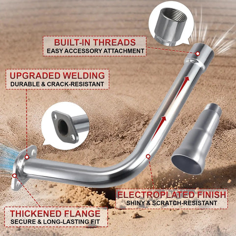 Three Stage Exhaust System With Stainless Silver Tip highlights, Predator 212cc and 196cc fitment, showing built-in threads and welding.