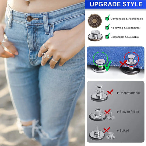 12 Set Adjustable Jean Button Kit 20mm No Sew Instant Metal Button Replacement With Threads Rivets And Screwdriver, Durable Zinc Alloy For Jeans, Removable And Reusable Quick DIY Repair Kit, demonstrating usage and features on jeans
