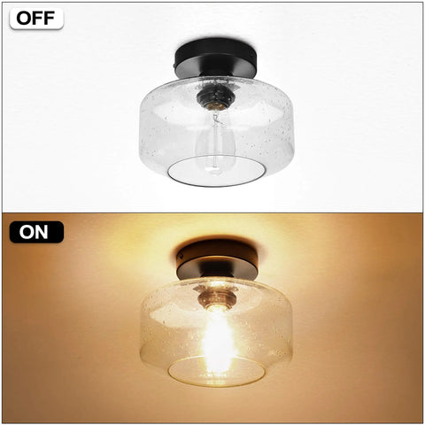 Heavy Duty Industrial Semi Flush Mount Ceiling Light With Tough Matte Black Frame And Authentic Seeded Glass Cover For A Big Time Modern Vintage Lighting Glow, off and on view.