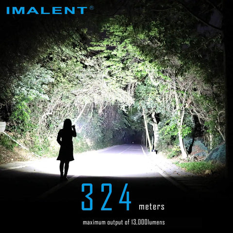 A woman uses Ultra Bright EDC Flashlight 13000 Lumens With Cree XHP70.2 LEDs to brightly illuminate a 324-meter forest path at night.