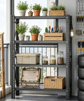 Heavy Duty 4 Tier Metal Storage Shelves 2500 Lb Capacity Garage Workshop Shelving Units Industrial Racks For Warehouse Basement Sturdy Steel Frame Built Like A Tank Adjustable Shelves, black steel with potted plants and storage bins