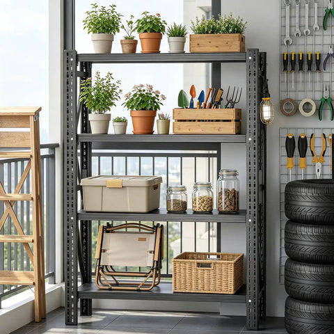 Heavy Duty 4 Tier Metal Storage Shelves 2500 Lb Capacity Garage Workshop Shelving Units Industrial Racks For Warehouse Basement Sturdy Steel Frame Built Like A Tank Adjustable Shelves, black steel with potted plants and storage bins