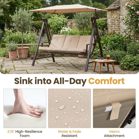Three Seater Outdoor Swing With Canopy And Stand Heavy Duty 600 Lb Capacity All Weather Adjustable Canopy Two In One Convertible Swing Bed With Cushions For Backyard Garden Deck Khaki