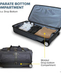 Dance competition travel bag with drop bottom for extra storage displaying shoes and clothing in open duffel bag.