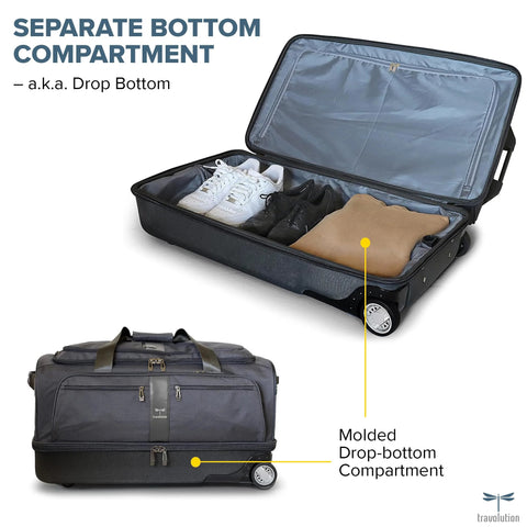 Dance competition travel bag with drop bottom for extra storage displaying shoes and clothing in open duffel bag.