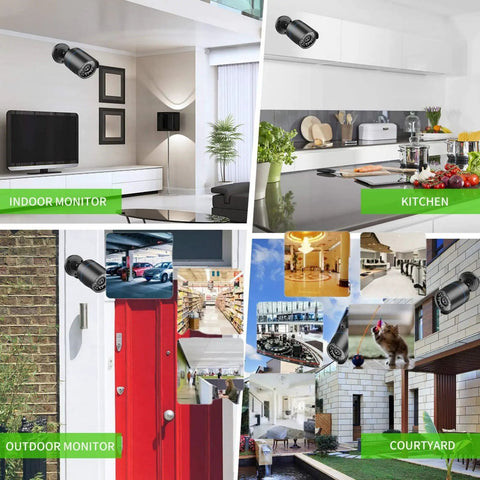 Four Camera 5MP PoE Security Kit With Night Vision And AI Motion Detection For People And Vehicles, 4K NVR setup locations.