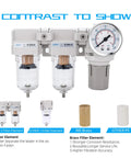 1/4 Inch NPT Air Drying System with Double Air Filters and Regulator, view of brass filter and poly bowl, 145 Psi Max