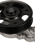 Premium Engine Water Pump Featuring High Flow Design And Direct Oem Replacement Specs For Auto Cooling Systems with black pulley and silver base.